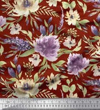 Soimoi Red Velvet Fabric Leaves & Peony Floral Printed Craft Fabric-Km7