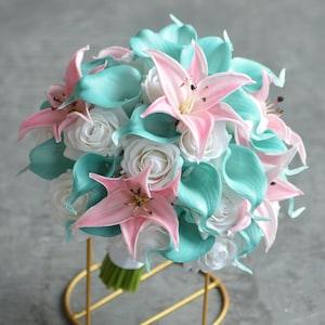 Spa Blue And Pink Bride Bouquet, Real Touch Turquoise Calla Lilies, White Roses, Pink Tiger Lilies, Fake Flowers Wedding Bouquet