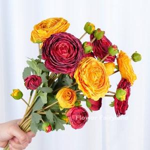 Dried Look Ranunculus Stem | Dried Look Ranunculus Bouquet | Artificial Flower | DIY | Wedding/Home Decor | Gifts - Red -Yellow