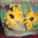Hand felted Sunflowers on a Mohair purse body,  secure zipper closure, lined 38" leather handle, inner pockets, New in NA