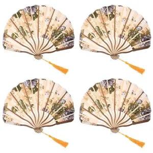 4X4X Classic  Peony Flower Fabric Bamboo Folding Dance Hand Fan Beige J8F4