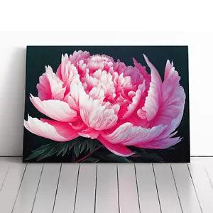 Framed peony flower canvas print with pink blooms and green leaves, rectangular wall art