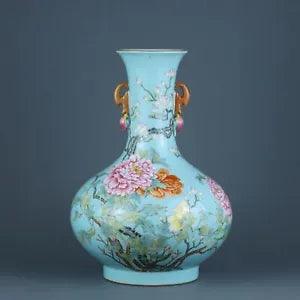 11.4" old dynasty Porcelain qianlong mark famille rose peony flowers plants vase