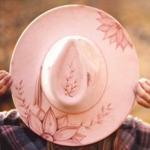 Wide Brim Hat with Pyrography Burned Sunflower Design