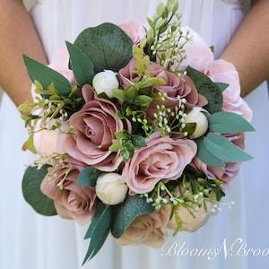 Dusty Rose and Blush Bridal Bouquet, Artificial Wedding Flowers, Bridesmaid Bouquets, Corsage, bridal Flower Package, wedding flowers