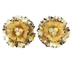 Vintage Clip On Earrings Goldtone Flower Layered Rose Carnation AB Stones 1.25"