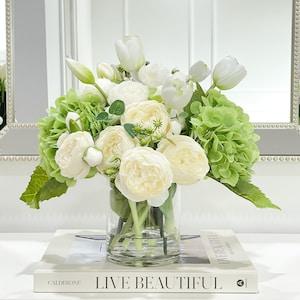 French Country Peony Arrangement in Vase, White Floral Arrangement, Real Touch Green Hydrangea Centerpiece, White Tulip Peony for Home Decor