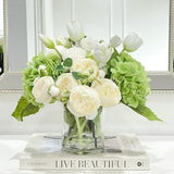 French Country Peony Arrangement in Vase, White Floral Arrangement, Real Touch Green Hydrangea Centerpiece, White Tulip Peony for Home Decor
