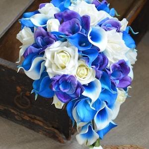 Blue Purple Orchids Royal Blue Picasso Callas Ivory Roses Cascade Bridal Bouquet Real Touch Flowers Groom Boutonniere