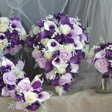 Purple Bridal Bouquet, Plum Lilac Lavender Real Touch Roses Calla lily Wedding Bouquet, Rustic Purple Silk Bouquet, Boutonniere, Corsage