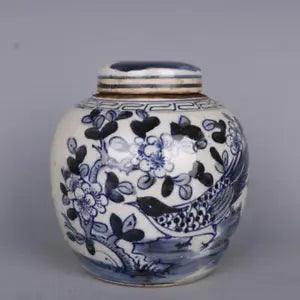 5.82??? Chinese Porcelain Qing Blue And White Peony Flowers And Birds Pot