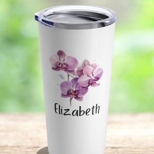 Personalized 20oz Insulated Stainless Steel Tumbler, Hot or Cold Travel Coffee Mug, Custom Name, Flowers, Botanical, Floral, Orchids