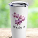 Personalized 20oz Insulated Stainless Steel Tumbler, Hot or Cold Travel Coffee Mug, Custom Name, Flowers, Botanical, Floral, Orchids