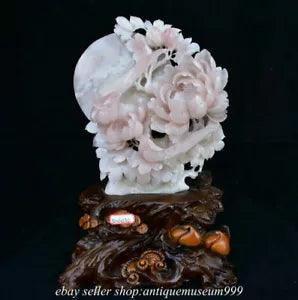 18.8" China Natural Xiu Pink Jade Carving subshrubby peony flower Birds Statue