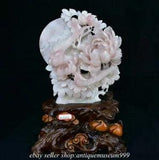 18.8" China Natural Xiu Pink Jade Carving subshrubby peony flower Birds Statue
