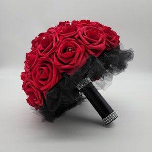 Red And Black Bridal Bouquet, Bridesmaid Bouquet, or Toss Bouquet, Matching Boutonnieres and Corsages, Custom Colors Available
