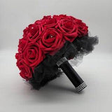 Red And Black Bridal Bouquet, Bridesmaid Bouquet, or Toss Bouquet, Matching Boutonnieres and Corsages, Custom Colors Available
