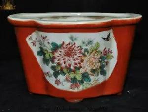 7" China Wucai porcelain peony flower butterfly Potted plants Bonsai flower pot