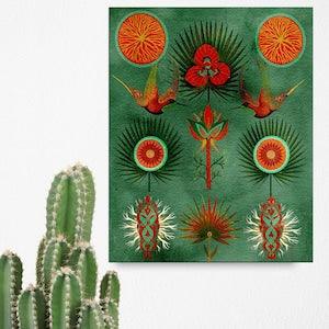 Mid Century Modern Botanical Art Print, Watercolor Forest Wall Art, Abstract Leaf Painting, Teal and Orange Plants, Emerald Green Decor
