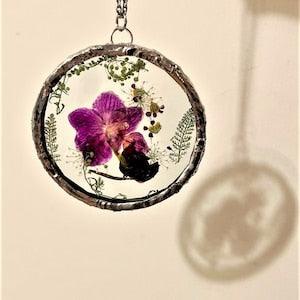 Pressed Purple Orchid necklace, Queen Anne, Fern ~ stained glass, plant terrarium, dark academia d???cor, Cottage core, Lead free, mothers day
