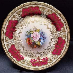 Aynsley JA Bailey signed dessert plate (8.5 inches), red and gold , flower bouquet with cabbage rose in center