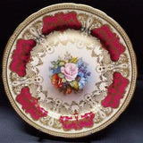 Aynsley JA Bailey signed dessert plate (8.5 inches), red and gold , flower bouquet with cabbage rose in center