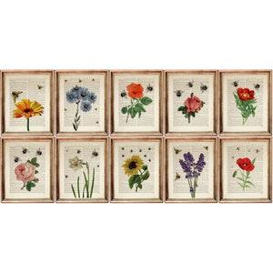 Botanical Prints Vintage, Set of 10 Prints, Botanical Wall Art Set, Sunflower Print Art, Flower w Bee Dictionary Art Print