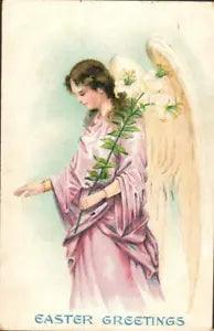 Lovely Full-Length ANGEL Holds LILIES On Beautiful Vintage 1908 EASTER Postcard