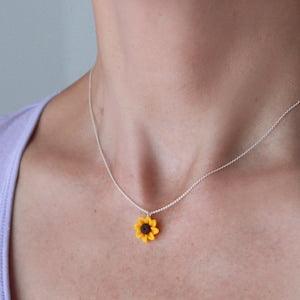 Sunflower necklace sterling silver chain, Dainty flower necklace, Silver choker charm, Polymer clay pendant necklace