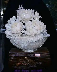 21.2'' Chinese Natural Pink Xiu Jade Carving Peony Flower Bird Basket Statue