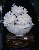 21.2'' Chinese Natural Pink Xiu Jade Carving Peony Flower Bird Basket Statue
