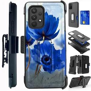 Card Holster For Galaxy A02S A12 A32 A42 A52 Phone Case Cover FLOWER PEONY BLUE
