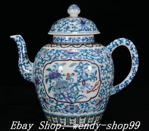 7.4" Qianlong Marked Chinese Doucai Porcelain Peony Flower Teapot Teakettle