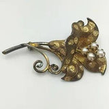 Vtg Textured Lily Flower, Pearl, Rhinestone, Sterling Silver Vermeil Brooch Pin