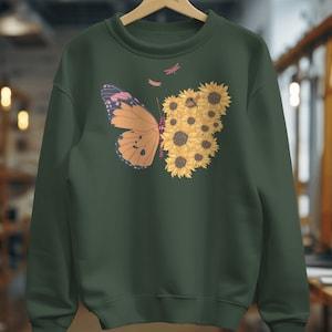 Nature-Inspired Crewneck - Butterfly and Sunflower Sweater, Whimsical Floral Apparel, Colorful Insect Print, Vibrant Garden Clothing