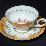 Beautiful yellow orange Teacup and Saucer Set pink cabbage rose floral bouquet widemouth Bone China vintage DAMAGED unmarked