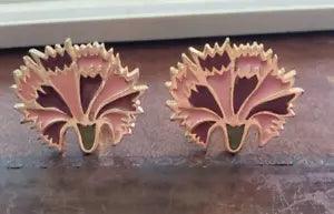 VTG PIERRE LANG ENAMELED APPLIED GOLD PINK CARNATION CLIP ON EARRINGS PL MARK