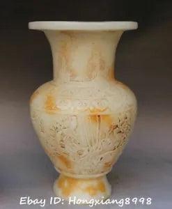 9" Chinese Ancient old jade Magpie bird Peony flower Bottle Pot Vase Jar