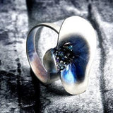 Silver adjustable ring, extravagant form, orchid ring, blue patina, carborundum ring, BLACK ORCHIDEA.
