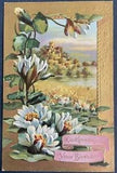Postcard Birthday Greetings Water Lilies Landscape Scene Guilded Frame Embossed