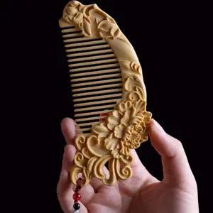 140*65*13mm Peony Flowers  Pattern Hand Carving Boxwood Crafts Gift Comb
