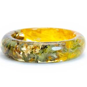 Nature Inspired Resin Ring with Natural Yellow Sunflower and Gray Tree Bark. Yellow Resin Ring for women as a gift for her.  Sunflower Ring