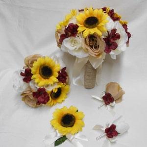 Wedding Silk Flower Bridal Bouquet 18 pieces Package Ivory Cream Roses Yellow Sunflower Burgundy Bridesmaid Burlap Corsages New