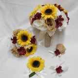 Wedding Silk Flower Bridal Bouquet 18 pieces Package Ivory Cream Roses Yellow Sunflower Burgundy Bridesmaid Burlap Corsages New