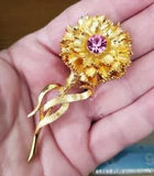 Vtg Marcel Boucher Carnation Brooch Gold Plate Pink Rhinestone Flower UNSIGNED