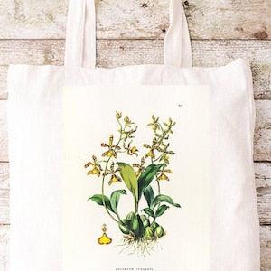 Classic Tote Bag with Orchid Vintage Flower Illustration, Flower Print, Botanical Illustration, Yellow and Red Orchid, Victorian Print.