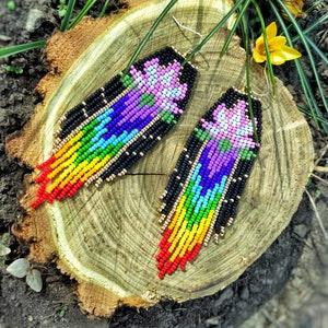Seven chakras with lotus beaded earrings Seed bead Beadwork Fringe Long Aesthetic Rainbow Slow fashion Fairy core Witchy things