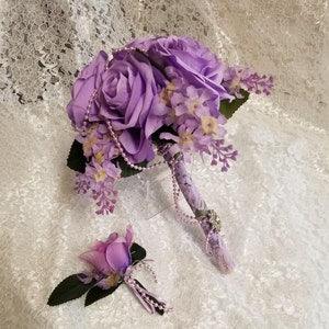 Wedding Lavender Roses Bouquet with Grooms Boutonniere,Lilac Bridal Bouquet,Spring Wedding bouquet, Bridesmaids bouquets sets made to order,