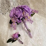 Wedding Lavender Roses Bouquet with Grooms Boutonniere,Lilac Bridal Bouquet,Spring Wedding bouquet, Bridesmaids bouquets sets made to order,