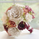 Burgundy, rose gold, ivory and book page wedding bouquet - Colors can be customized
